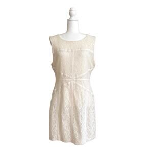 Bisou Bisou Dress Cream Floral Lace Overlay Ribbon Sleeveless Mini Size 14 NEW